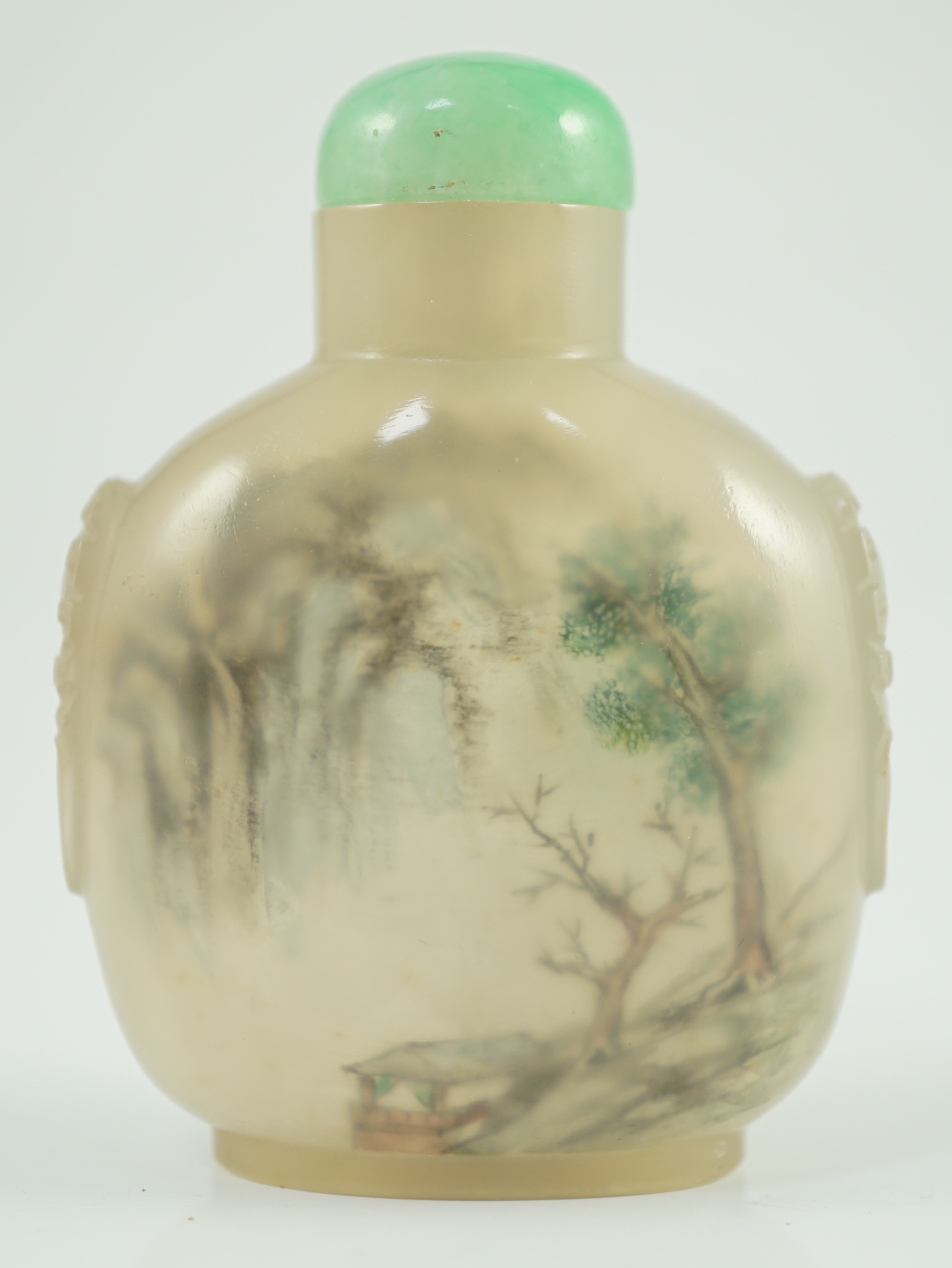 A Chinese inside painted agate ‘landscape’ snuff bottle, signed Liu Shouben, c.1965-70, 5.8cm high, jadeite stopper